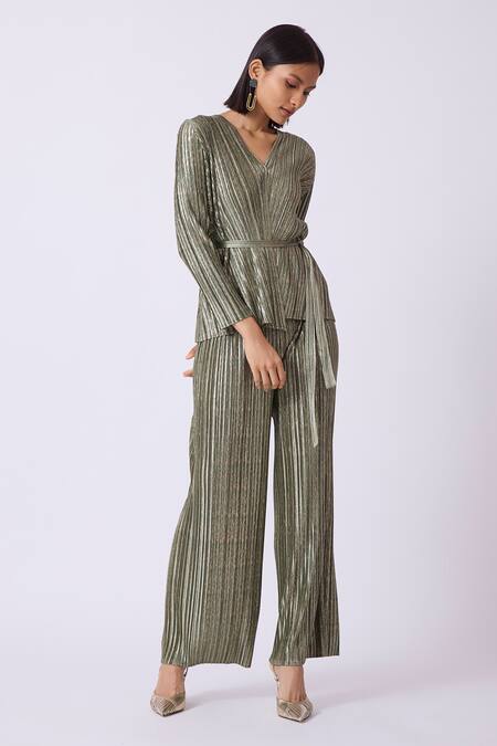 Scarlet Sage_Gold Polyester V-neck Solid Top And Pant Set_Online_at_Aza_Fashions