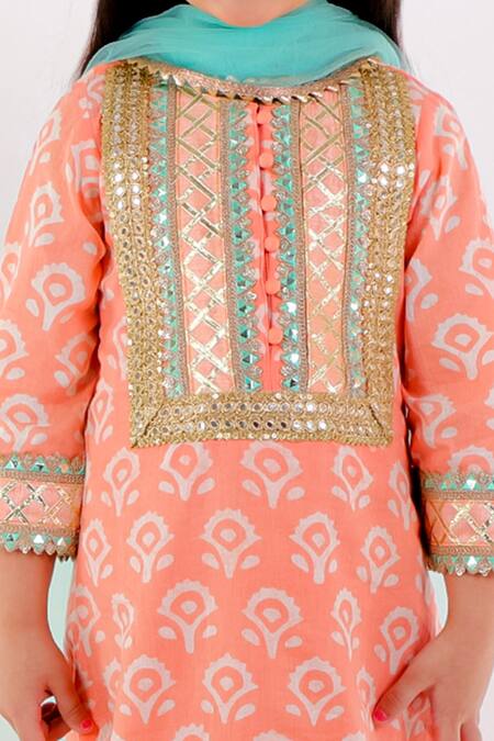 Shop_Bloomers By Amrita M_Peach Cotton Gota Patti, Mirrors Printed Kurta Set _Online_at_Aza_Fashions