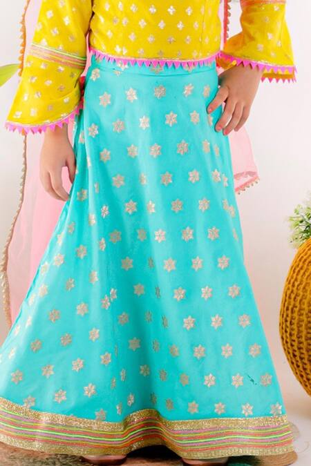 Bloomers By Amrita M_Blue , Silk, Satin Embroidery Floral Motif Lehenga Set _Online_at_Aza_Fashions