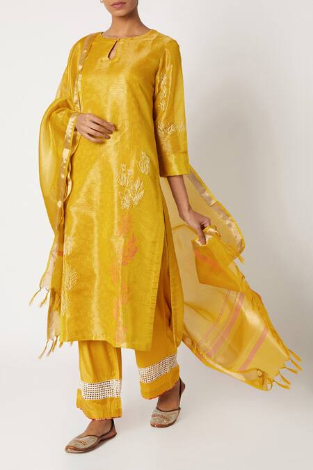 Devnaagri Yellow Kota Tissue Round Hand Block Print Kurta Set 