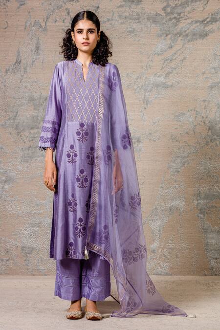Devnaagri Purple Organza, Shantoon, Cotton Silk Blend Mandarin Collar Printed Kurta Set Online at Aza Fashions Devnaagri_Purple Organza, Shantoon, Cotton Silk Blend Mandarin Collar Printed Kurta Set_Online_at_Aza_Fashions