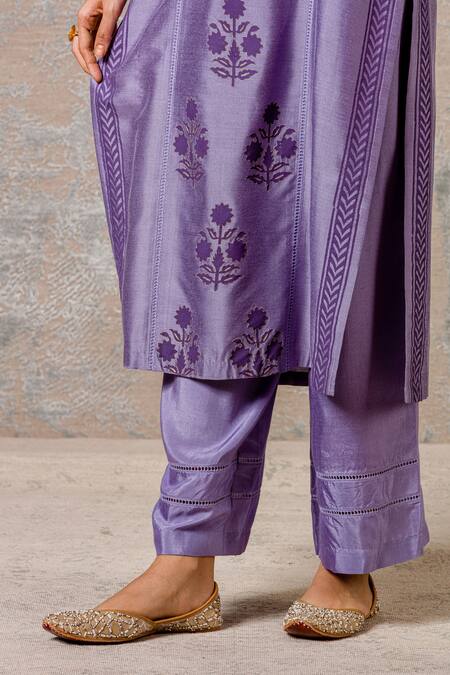 Devnaagri Purple Organza, Shantoon, Cotton Silk Blend Mandarin Collar Printed Kurta Set at Aza Fashions Devnaagri_Purple Organza, Shantoon, Cotton Silk Blend Mandarin Collar Printed Kurta Set_at_Aza_Fashions