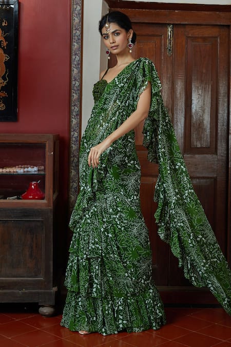 Arpita Mehta_Green Georgette Garden Print, Mirror And Beads Pre-stitched Saree With Blouse_Online_at_Aza_Fashions