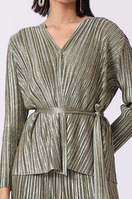 Scarlet Sage_Gold Polyester V-neck Solid Top And Pant Set_at_Aza_Fashions