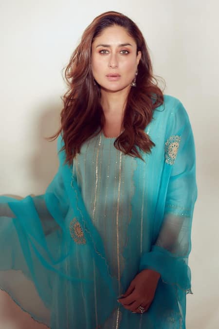 Buy_Devnaagri_Blue Shantoon And Organza, Chanderi Work Blunt V Neck Kurta Palazzo Set _Online_at_Aza_Fashions
