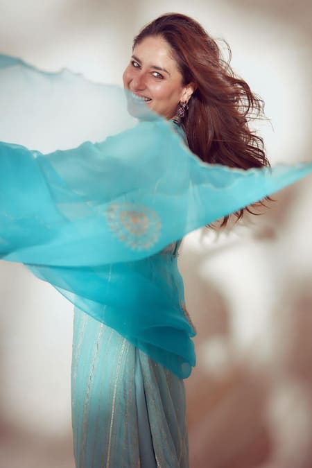 Shop_Devnaagri_Blue Shantoon And Organza, Chanderi Work Blunt V Neck Kurta Palazzo Set _at_Aza_Fashions