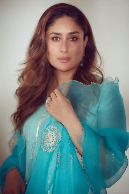 Shop_Devnaagri_Blue Shantoon And Organza, Chanderi Work Blunt V Neck Kurta Palazzo Set _Online_at_Aza_Fashions