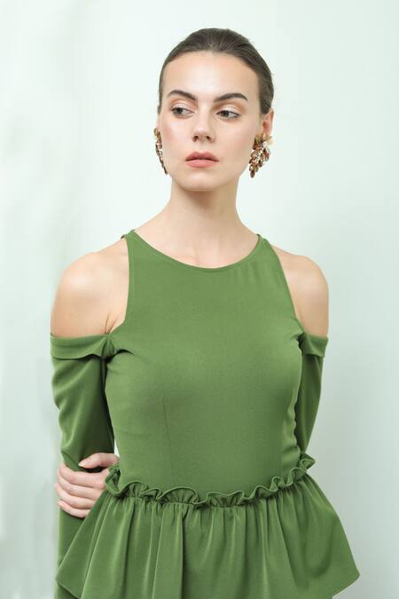 green cold shoulder jumpsuit