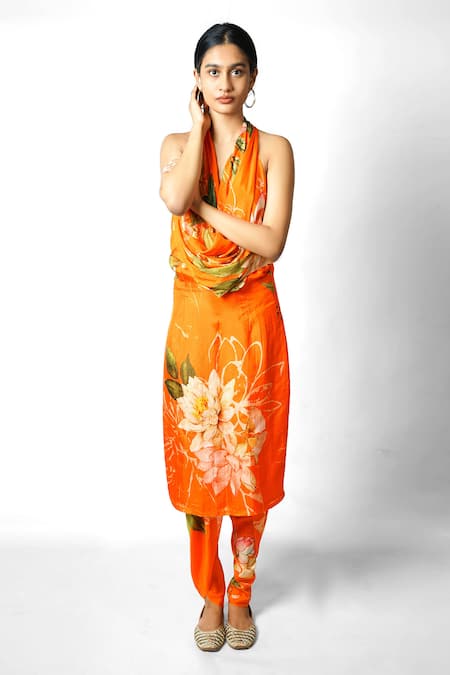 Taavare Orange Silk Draped Kurta And Pant Set 