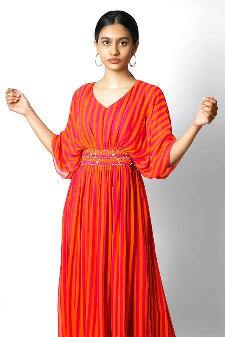 Buy_Taavare_Orange Georgette Striped Kaftan Dress_Online_at_Aza_Fashions