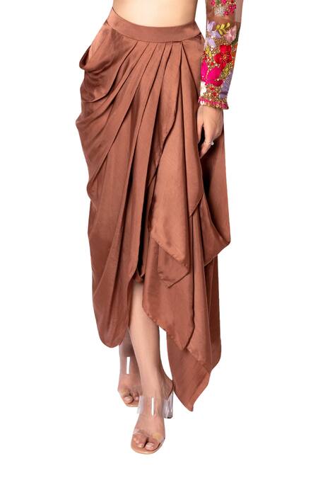 Taavare_Brown Organza, Satin Round Embroidered Crop Top And Draped Skirt Set _at_Aza_Fashions