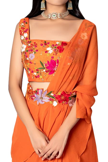 Buy_Taavare_Orange Raw Silk, Chiffon Square Neck Ruffle Pre-draped Saree With Blouse_Online_at_Aza_Fashions