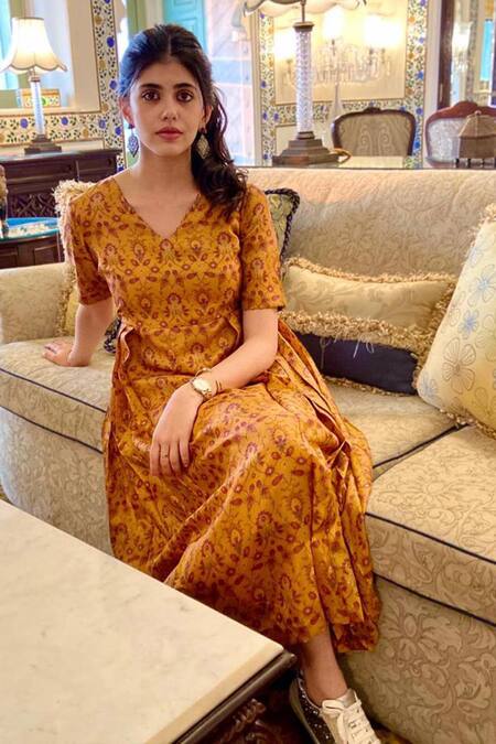 Buy Chokhi Chorri Orange Handwoven Silk V Neck Printed Dress Online at Aza Fashions Buy_Chokhi Chorri_Orange Handwoven Silk V Neck Printed Dress _Online_at_Aza_Fashions