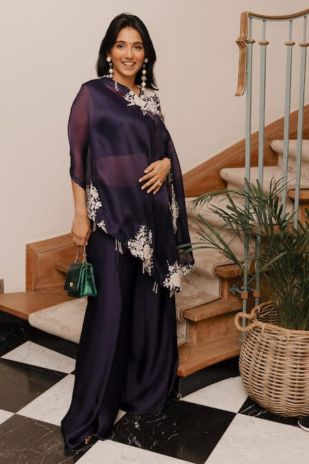 Nehha Nhata Purple Organza And Silk Satin Floral Motifs V Neck One Shoulder Cape Palazzo Set
