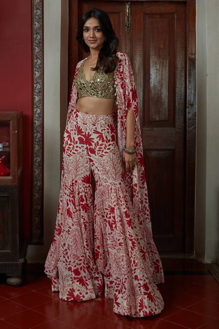 Arpita Mehta Red Georgette Sequins, Embroidery V-neck Floral Pattern Cape And Gharara Set at Aza Fashions Arpita Mehta_Red Georgette Sequins, Embroidery V-neck Floral Pattern Cape And Gharara Set_at_Aza_Fashions
