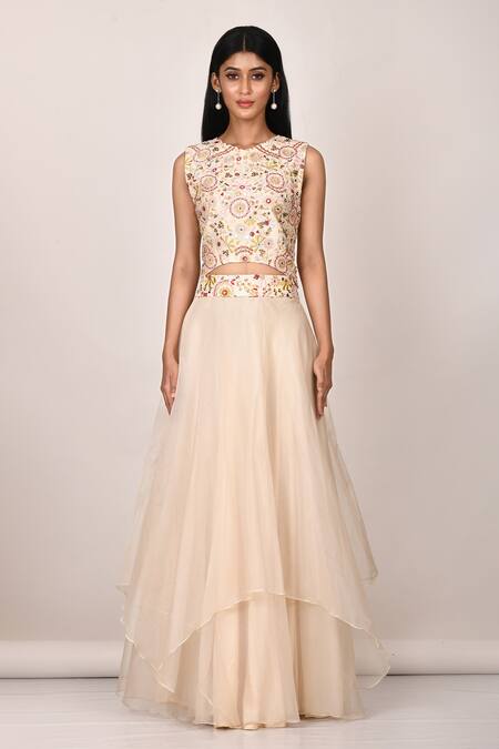 Samyukta Singhania_White Organza, Dola Silk Abla , Thread Embroidered Choli And Lehenga Set_Online_at_Aza_Fashions