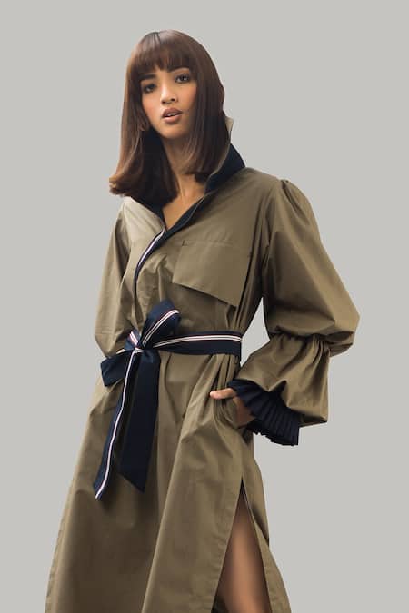 Chillosophy Brown Poplin Straight Collar Slit Trench Dress 