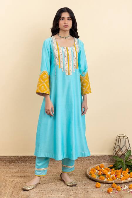 Buy_Pita Nila_Blue Chanderi, Kota Doria Beads, Sequins, Embroidery Kira A-line Kurta Pant Set _Online_at_Aza_Fashions