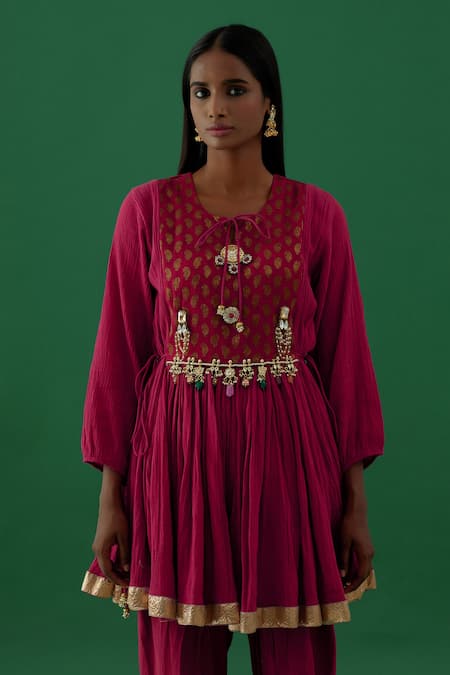 5elements_Red 100% Cotton With Silk Brocade Yoke Crushed Anarkali And Dhoti Pant Set _Online_at_Aza_Fashions