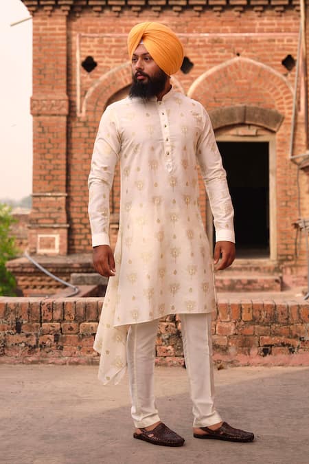 Buy_Nitesh Singh Chauhan_White Cotton Silk Hand Printed Draped Asymmetric Kurta Set _Online_at_Aza_Fashions