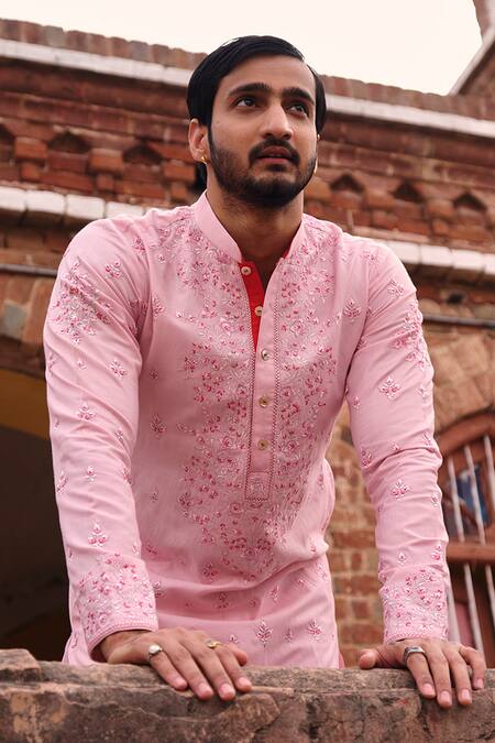 Buy_Nitesh Singh Chauhan_Pink Cotton Silk Floral Motifs Embroidered Kurta Set _Online_at_Aza_Fashions