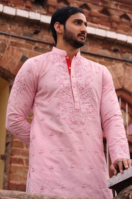 Nitesh Singh Chauhan_Pink Cotton Silk Floral Motifs Embroidered Kurta Set _Online_at_Aza_Fashions