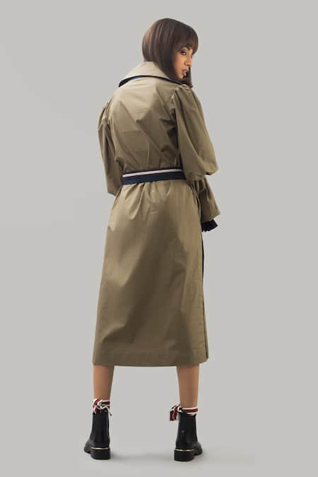 Shop Chillosophy Brown Poplin Straight Collar Slit Trench Dress at Aza Fashions Shop_Chillosophy_Brown Poplin Straight Collar Slit Trench Dress _at_Aza_Fashions