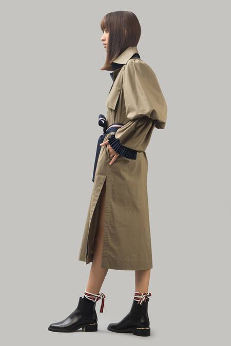 Chillosophy Brown Poplin Straight Collar Slit Trench Dress Online at Aza Fashions Chillosophy_Brown Poplin Straight Collar Slit Trench Dress _Online_at_Aza_Fashions