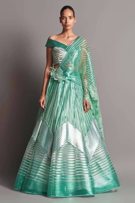 Amit Aggarwal Green Tulle Asymmetric Metallic Draped Lehenga Set  