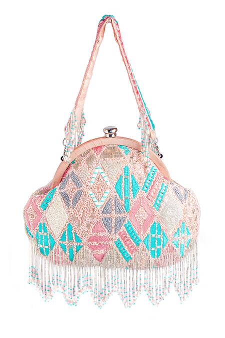 Ara Studio Pink Embroidered Bead Tassel Clutch With Handle