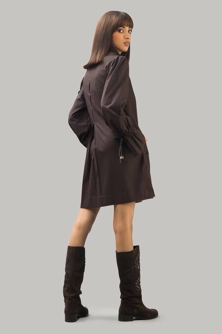 Shop Chillosophy Brown Poplin Peter Pan Collar Short Box Dress at Aza Fashions Shop_Chillosophy_Brown Poplin Peter Pan Collar Short Box Dress _at_Aza_Fashions