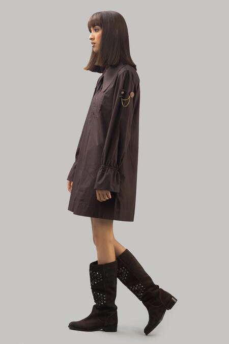 Chillosophy Brown Poplin Peter Pan Collar Short Box Dress Online at Aza Fashions Chillosophy_Brown Poplin Peter Pan Collar Short Box Dress _Online_at_Aza_Fashions