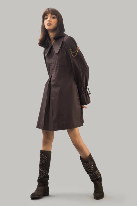 Buy Chillosophy Brown Poplin Peter Pan Collar Short Box Dress Online at Aza Fashions Buy_Chillosophy_Brown Poplin Peter Pan Collar Short Box Dress _Online_at_Aza_Fashions