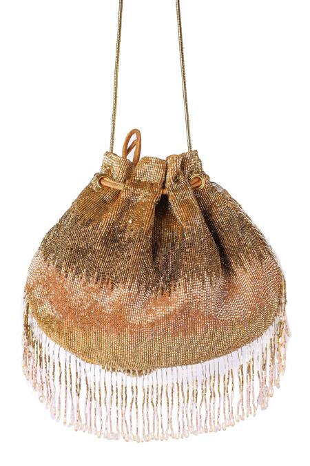 Shop Ara Studio Gold Embroidered Ombre Effect Bead Embellished Potli at Aza Fashions Shop_Ara Studio_Gold Embroidered Ombre Effect Bead Embellished Potli_at_Aza_Fashions