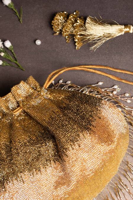 Buy Ara Studio Gold Embroidered Ombre Effect Bead Embellished Potli Online at Aza Fashions Buy_Ara Studio_Gold Embroidered Ombre Effect Bead Embellished Potli_Online_at_Aza_Fashions