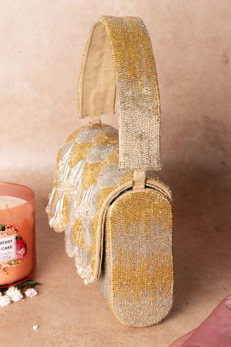 Ara Studio_Gold Embroidered Tassel Flap Clutch With Handle_Online_at_Aza_Fashions