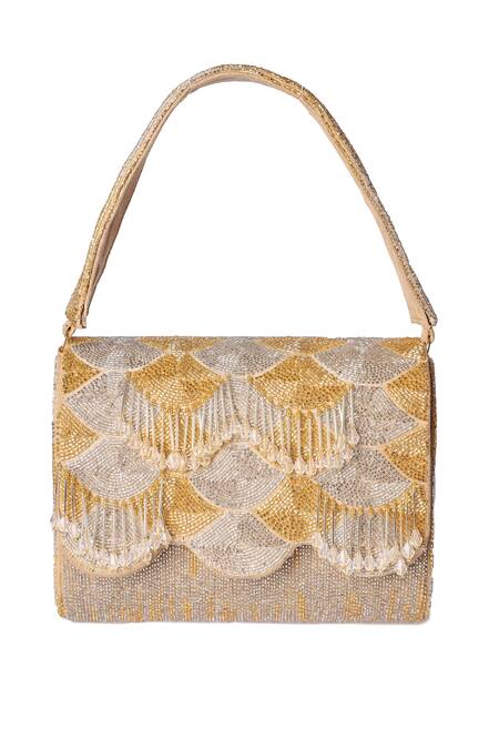 Buy_Ara Studio_Gold Embroidered Tassel Flap Clutch With Handle_Online_at_Aza_Fashions