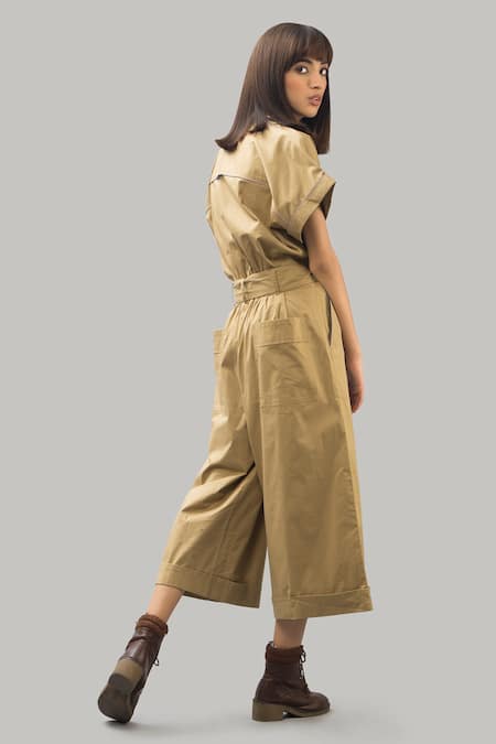 Shop Chillosophy Beige Poplin Straight Collar Jumpsuit With Utility Pockets at Aza Fashions Shop_Chillosophy_Beige Poplin Straight Collar Jumpsuit With Utility Pockets _at_Aza_Fashions