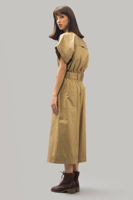 Chillosophy Beige Poplin Straight Collar Jumpsuit With Utility Pockets Online at Aza Fashions Chillosophy_Beige Poplin Straight Collar Jumpsuit With Utility Pockets _Online_at_Aza_Fashions