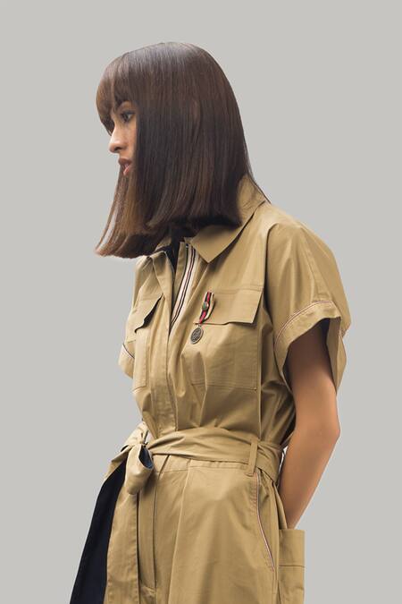 Buy Chillosophy Beige Poplin Straight Collar Jumpsuit With Utility Pockets Online at Aza Fashions Buy_Chillosophy_Beige Poplin Straight Collar Jumpsuit With Utility Pockets _Online_at_Aza_Fashions