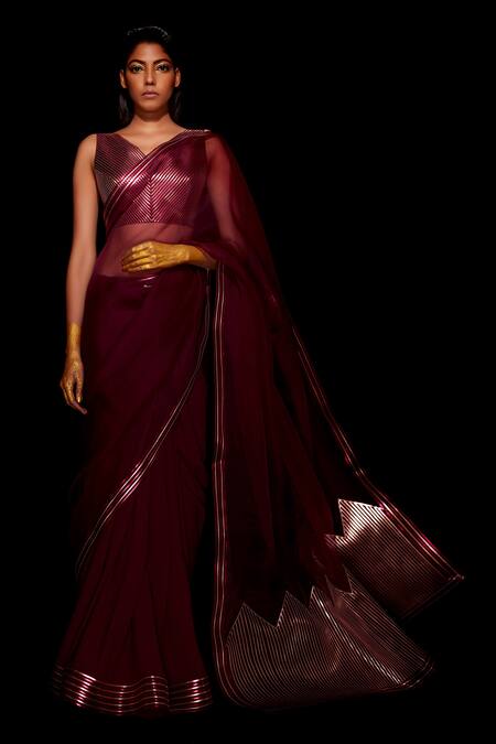 Rosewood Maroon Plain Ready to Wear Soft Silk Saree WITH BLOUSE - WHITE  FIRE - 3844683