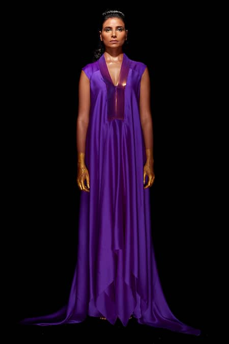 Amit Aggarwal Purple Chiffon V Neck Draped Layered Dress 