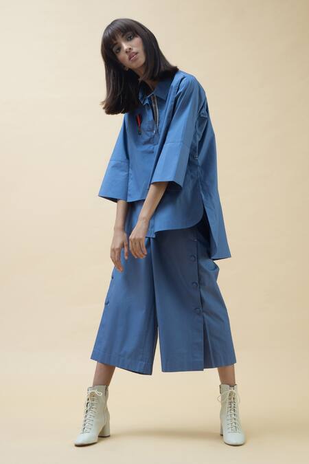 Buy_Chillosophy_Blue Poplin Straight Collar Anti-fit Shirt _Online_at_Aza_Fashions