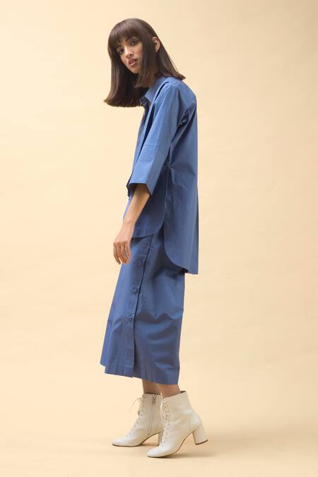 Chillosophy_Blue Poplin Straight Collar Anti-fit Shirt _Online_at_Aza_Fashions