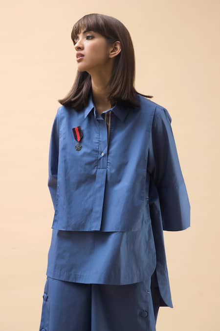 Chillosophy Blue Poplin Straight Collar Anti-fit Shirt