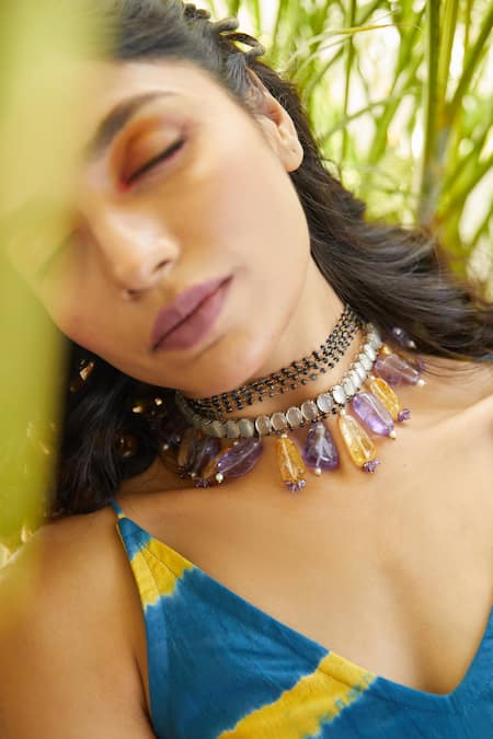 Buy_Osvag India_Gold Plated Amethyst And Citrine Topaz Bead Drop Necklace _Online_at_Aza_Fashions