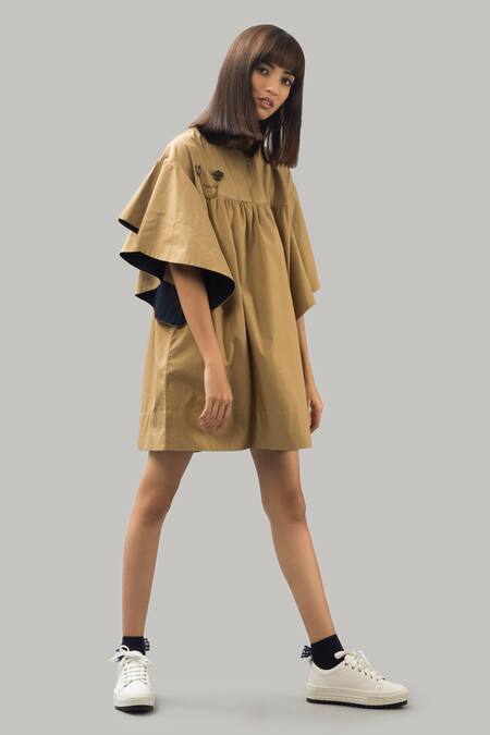 Chillosophy Brown Poplin Round Short Anti-fit Dress Online at Aza Fashions Chillosophy_Brown Poplin Round Short Anti-fit Dress _Online_at_Aza_Fashions