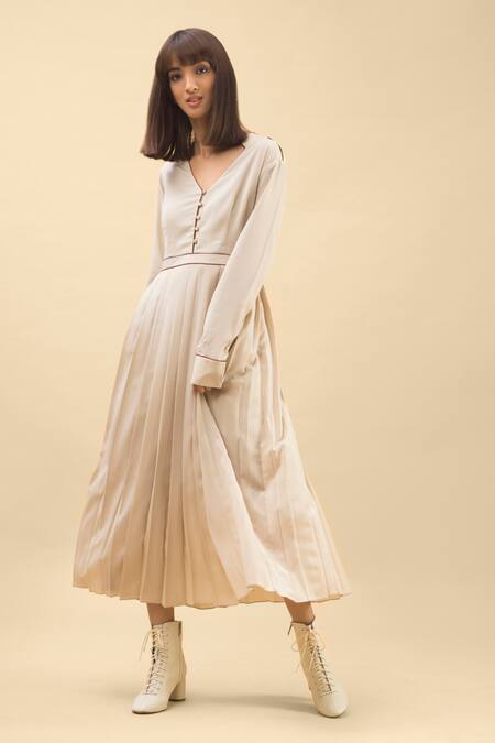 Buy Chillosophy White European Crepe Band Collar Pleated A-line Dress Online at Aza Fashions Buy_Chillosophy_White European Crepe Band Collar Pleated A-line Dress _Online_at_Aza_Fashions