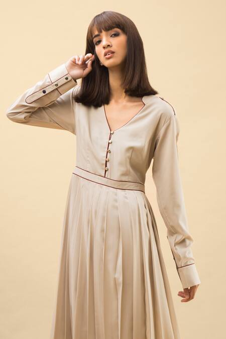 Shop Chillosophy White European Crepe Band Collar Pleated A-line Dress Online at Aza Fashions Shop_Chillosophy_White European Crepe Band Collar Pleated A-line Dress _Online_at_Aza_Fashions