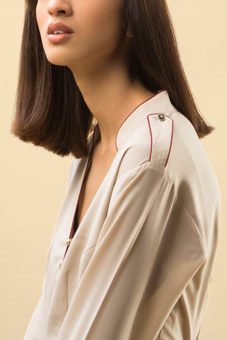 Chillosophy White European Crepe Band Collar Pleated A-line Dress at Aza Fashions Chillosophy_White European Crepe Band Collar Pleated A-line Dress _at_Aza_Fashions